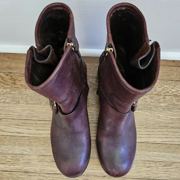 Tory Burch Chrystie genuine leather brown buckle moto boots chunky heel size 8.5 - Picture 7 of 11